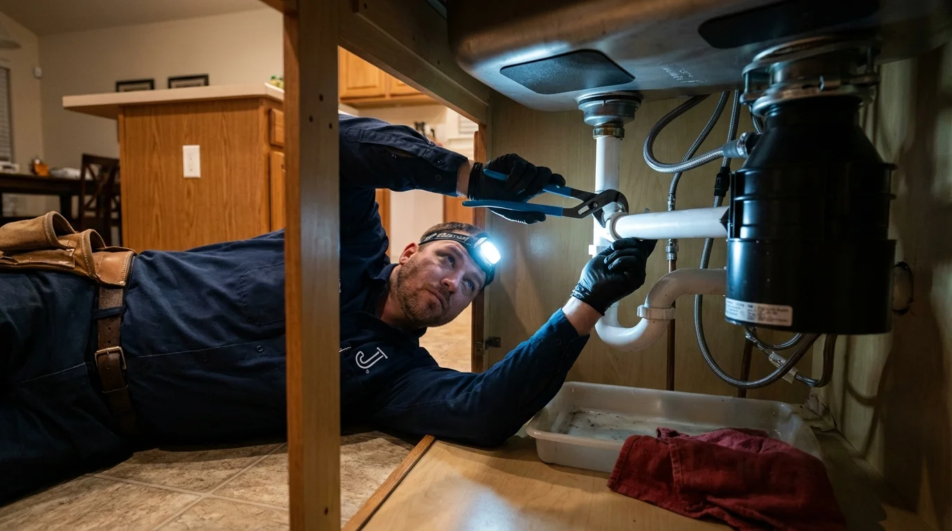 P-trap and supply line connections under a kitchen sink showing a common leak point in Afton, MN